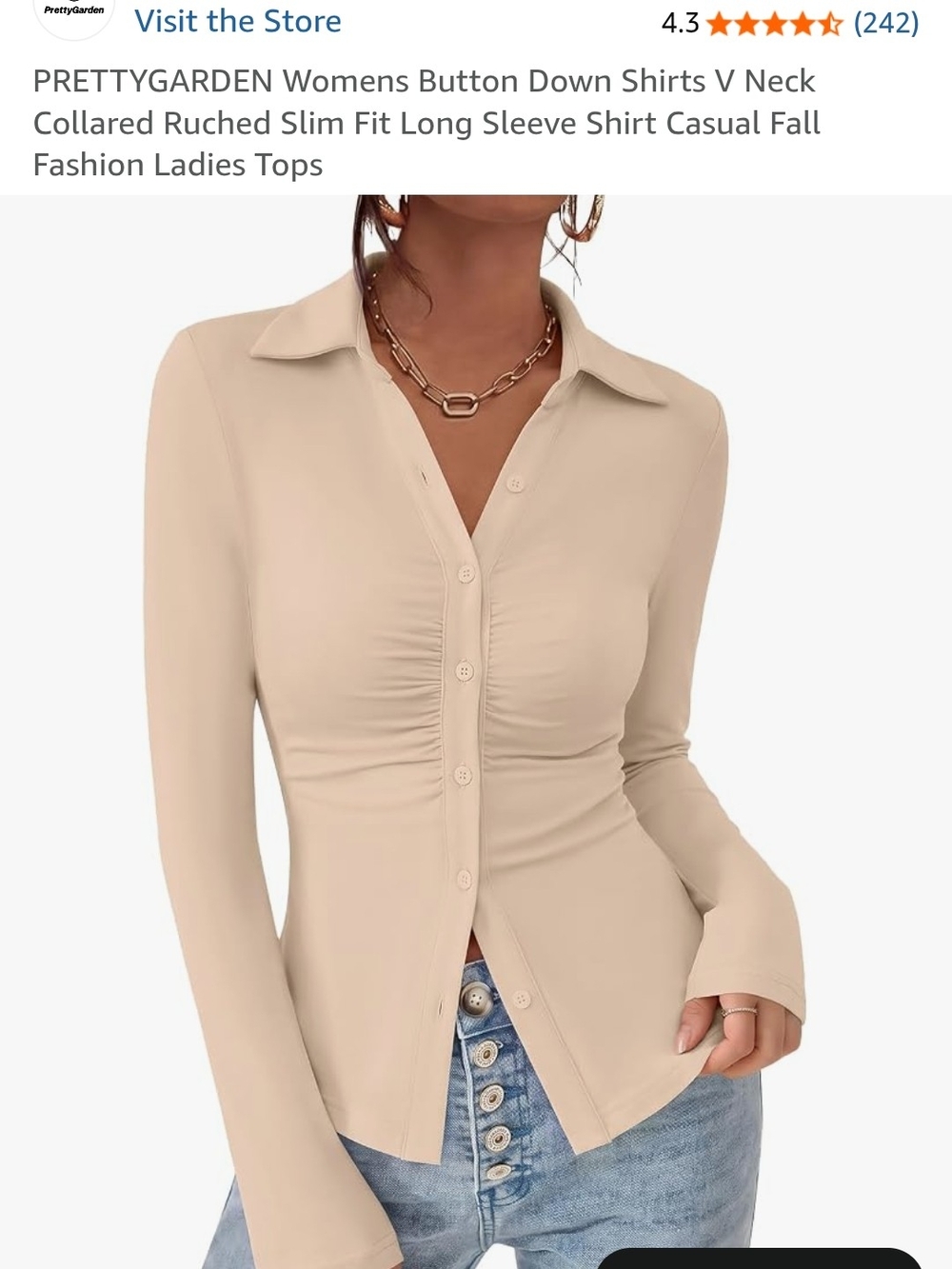 Long Sleeve Ruched Front Shirt - Beige
